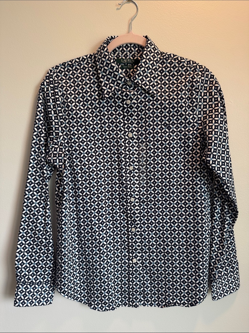 Lauren Ralph Lauren Navy and White Geometric Button-Down Shirt Women Medium NWT